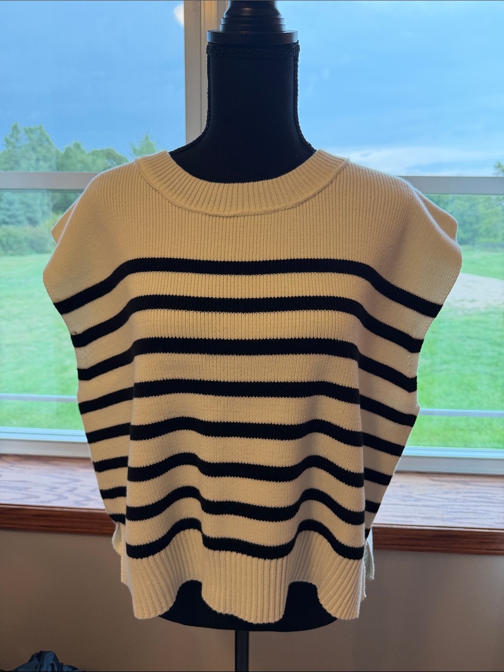 Zenana Outfitters Cream and Black Striped Crewneck Sweater